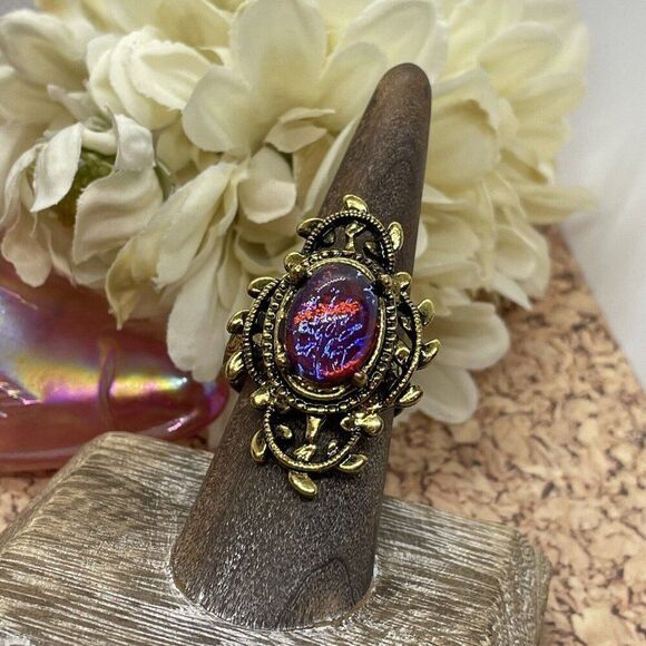 Valentine’s Day Renaissance Medieval gold Ring Mexican Fire Opal Dragons breath - Picture 1 of 16